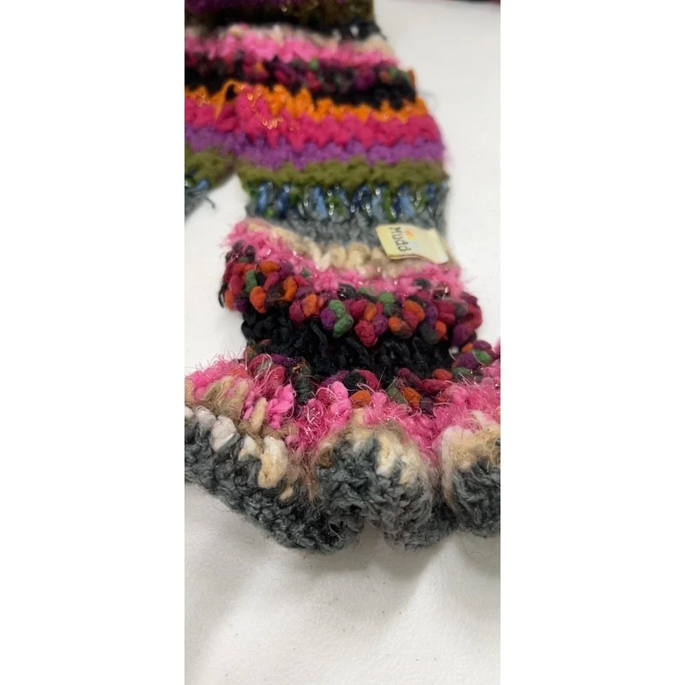 Vintage Mudd Y2K Chunky Knit Crochet Scarf Multicolor Boho Ruffle Edge Striped